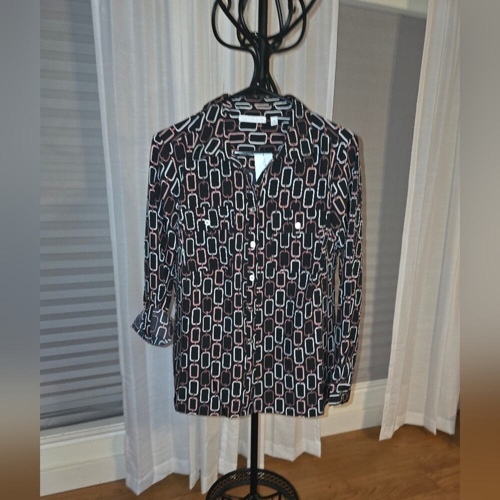 Notations Black Chain Pattern Button Up Shirt Size Med NWT - Picture 2 of 5